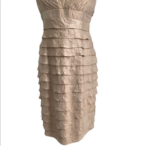 Adrianna Papell Gold Tiered Shutter Pleat Sheath Dress | Size 10 - Picture 5 of 14
